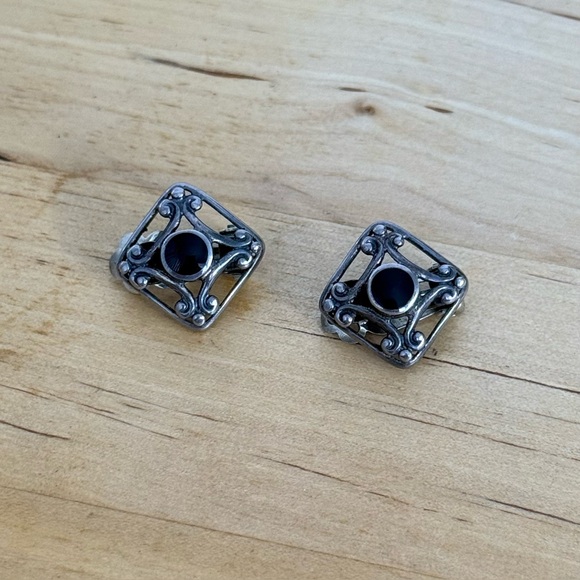 Source Unknown Jewelry - Vintage Diamond Shape Black Onyx Clip On Silver Earrings Rennaisance Victorian